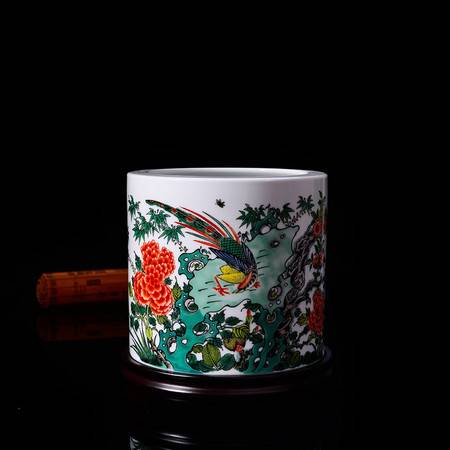 瓷拍 景德鎮(zhèn)制辦公用品中國陶瓷藝術(shù)大師藍(lán)國華錦上添花筆筒