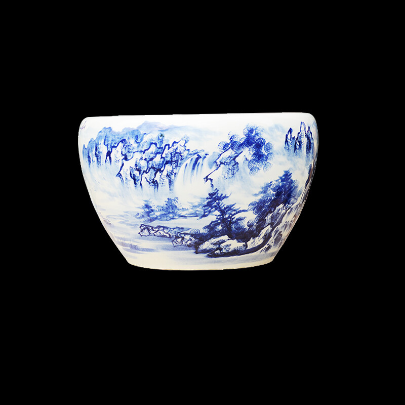 景德鎮(zhèn)陶瓷手繪青花魚缸 江山如畫，風(fēng)水雅趣